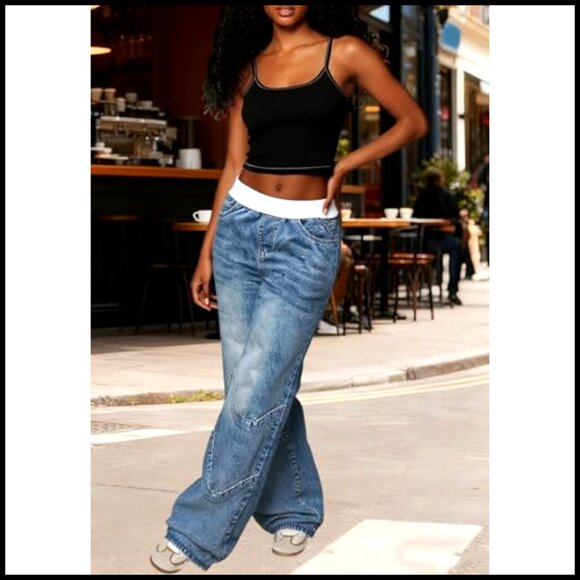 Wide Leg Denim Pants Stretchy Y2K Streetwear Baggy High Rise Color Block - Picture 5 of 7